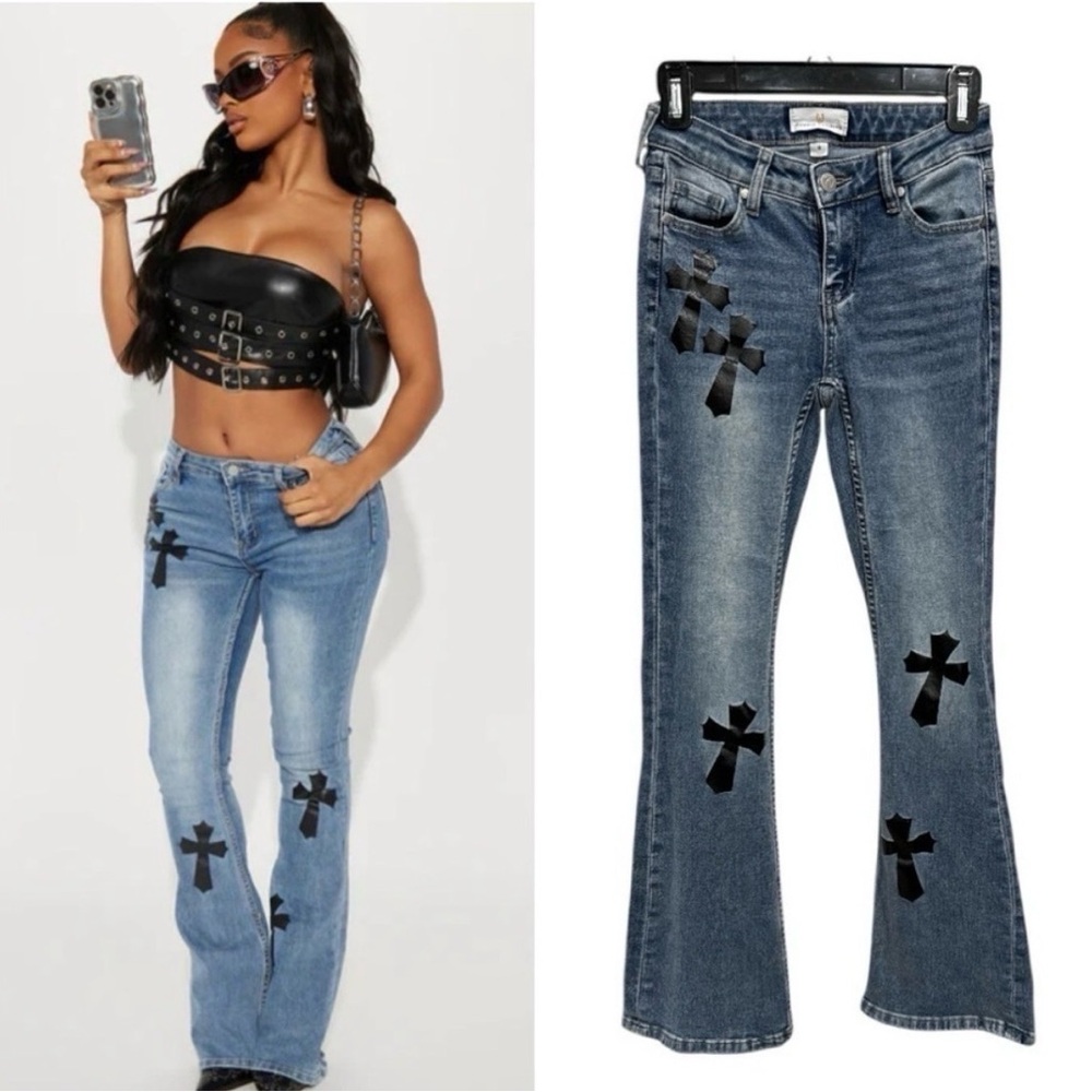 Austin Landing Flare Jeans with Black Cross Accents